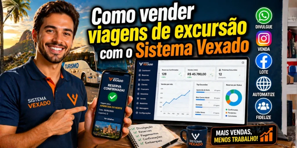 Muitas operadoras de turismo rodoviário ainda dependem exclusivamente de vendas presenciais ou telefone para vender excursões, limitando o alcance e perdendo clientes que buscam praticidade na internet. Isso resulta em vagas ociosas, dificuldade para divulgar pacotes de viagens em grupo e menor faturamento. Vender excursões online de forma profissional e integrada é essencial para aumentar o volume de reservas, alcançar mais clientes e crescer no competitivo mercado de turismo.