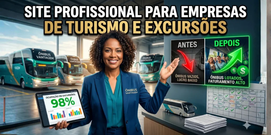 Muitas empresas de turismo e excursões ainda operam com sites amadores ou apenas perfis em redes sociais, perdendo clientes que buscam informações completas e reservam viagens pela internet. Sem um site profissional para turismo, sua empresa de excursões online fica invisível para quem pesquisa pacotes e roteiros, limitando o crescimento e o faturamento.
