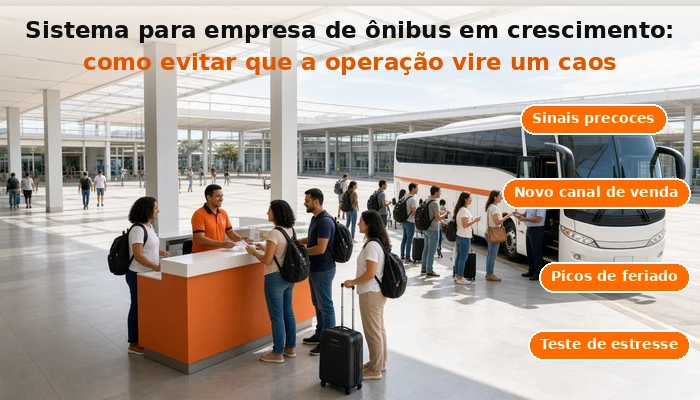 Rodoviária movimentada em manhã de véspera de feriado, fila ágil no guichê e embarque organizado em ônibus branco com faixa laranja