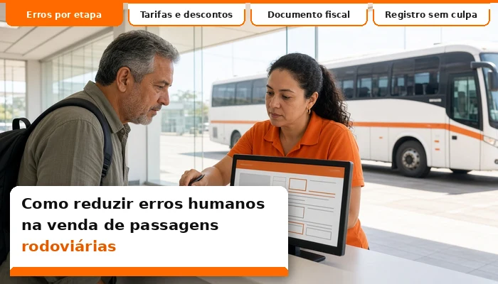 Atendente de guichê e passageiro conferem juntos o resumo da viagem na tela, com ônibus branco de faixa laranja ao fundo em rodoviária ensolarada